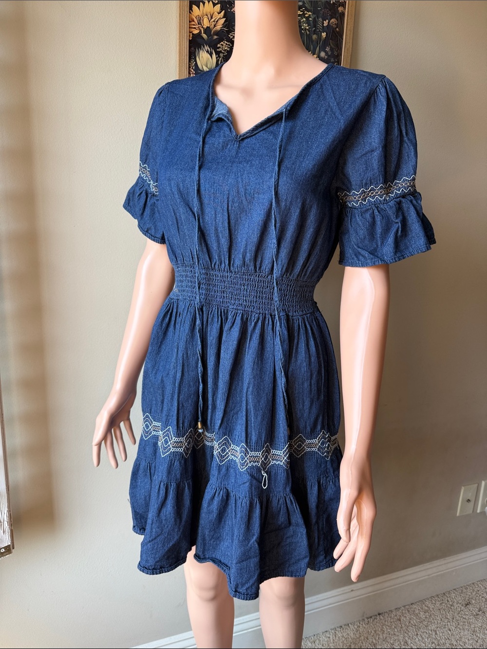 Smocked Waist Short Sleeve Mini Dress in Denim Blue
